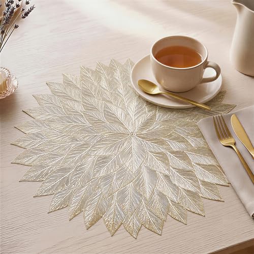 Image of Yellow Weaves 6 Pcs PVC Round Table Placemats, Dining Table Mat, Stain Resistant, Anti-Skid, Waterproof, Washable, Dining, Kitchen, Restaurant Table Set Easy to Clean, Durable (Star Golden)