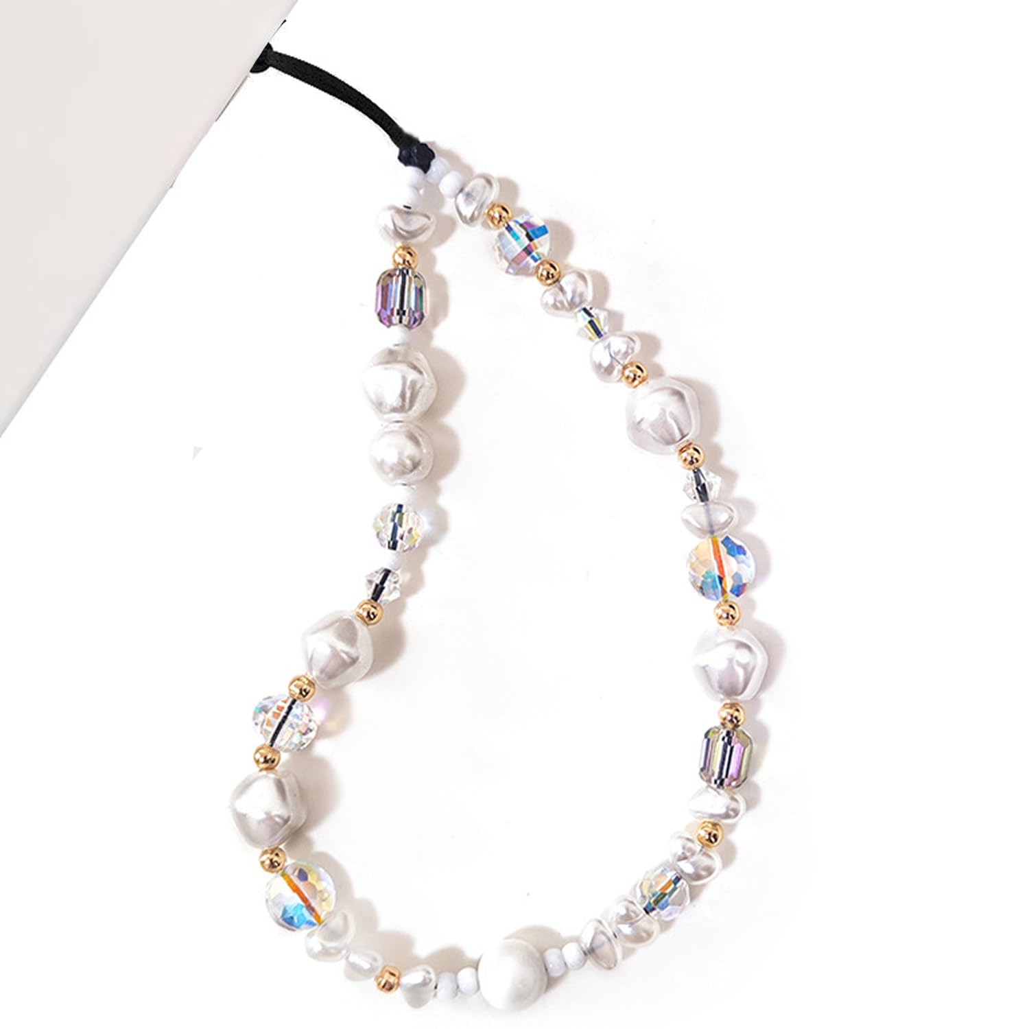 WCCH Beaded Phone Charm Y2K Kawaii Handmade Acrylic Phone Lanyard Wrist Strap for Camera Bag Airpods Keychain Charm Gold and White Pearls — view 22