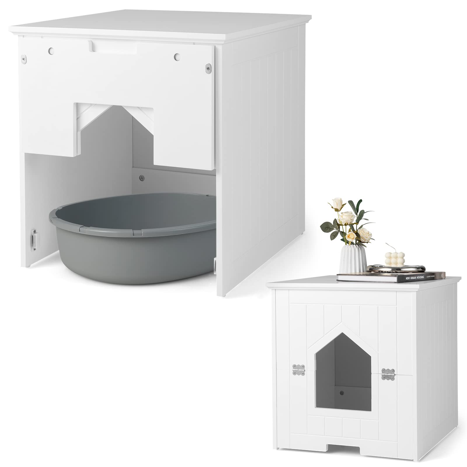COSTWAY Cat Litter Box Enclosure with Flip Magnetic Half Door, Private Kitty Hidden Washroom Toilet, Wooden Kitten House Nightstand Furniture (White)