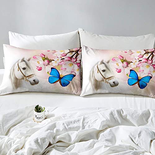 White Horse Bedding Set Butterfly Animals Duvet Cover Set Pink Floral Spring Comforter Cover For Kids Girls Women Western Cowboy Rustic Country Style Bedclothes With 2 Pillowcases Full Size Navy Blue #TOP4