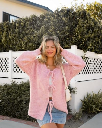 Image of SKIKYAN Women Bowtie Oversized Knit Sweater Cardigan Y2K Long Sleeve V Neck Open Front Casual Knitwears