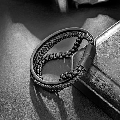 Image of murtoo Mens Bracelet leather and Steel, Stainless Steel Chain and Leather Bracelets for Men