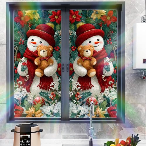 Image of Decorative Window Film 17.32 x 39.37 Inch Snowman Artwork with Teddy Bear and Floral Accents Artistic Window Film for Glass Panels Home Office Studio Display