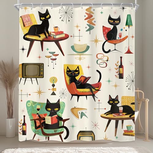 LGhtyro Funny Black Cat Shower Curtain Bathroom Set 60Wx71H Inches Mid Century Vintage Cute Hilarious Animals Reading Book Lovely Bath Accessories Illustration Art Home Decor Fabric 12 Pack Hooks