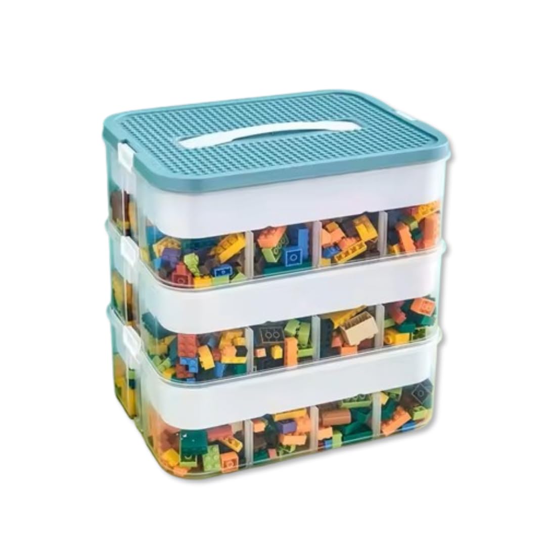 B2R Boite Rangement Plastique pour Lego Briques – 3 Couches Empilable Transparente Verte – Couvercle Plateau de Jeu – Compartiments Réglables Rangement Jouets Enfant