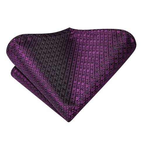 Image of Hi-Tie Plaid Dark Purple Silk Ties Set for Men Classic Neckties and Pocket Square Lapel Pin Silver Tie Clip Cufflinks Set Wedding Business 6PCS
