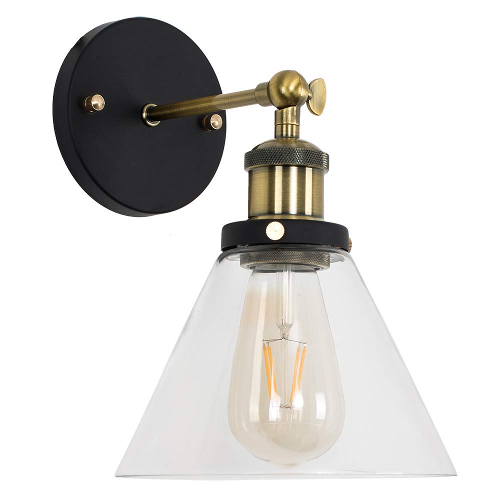MiniSun | Steampunk Black and Gold Wall Light Fitting with a Clear Glass Conical Shaped Light Shade | Wall Lamps & Sconces, Home Décor Essential | Includes Bulb [2700K Warm White] | Mains Wired