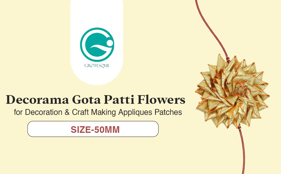 Decorama Gota Patti Flowers for Decoration & Craft Making Appliques Patches - Gold Pack of 10 | Gota Patti Flowers Applique, Patches for Suits, Kurti & Lehnga Decoration - 50mm Each 1