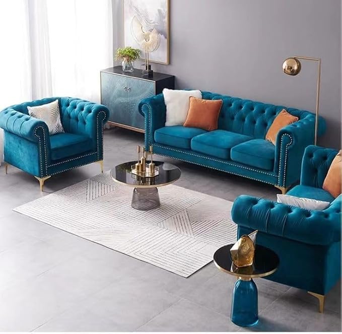Image of Solid Wood Velvet Fabric L Shape Sofa Sofa for Living Room Button Tufted Sofa Chair for Home & Office (Left Aligned L-Shaped (Teal Green 3+1+1 Seater Sofa Set)