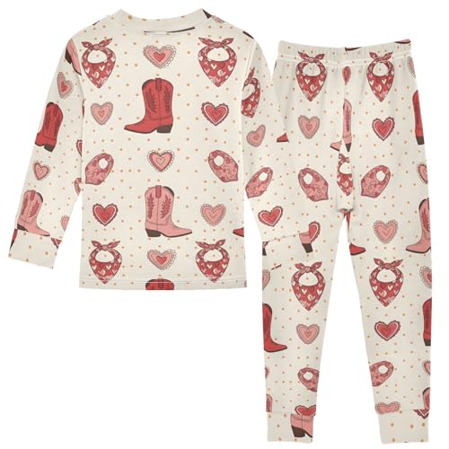 Pajama Sets Long Sleeve Cowboy Boots Hearts Pattern Soft Comfy Sleepwear 2 Piece PJS 3-8T3