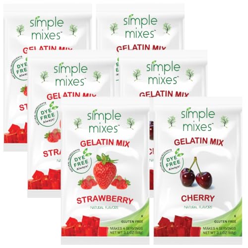 Simple Mixes Natural Gelatin Variety Pack, 3 Each: Strawberry & Cherry, Healthy Snack, Dye-Free, No Gluten or Fat, Kosher, 6 Pack