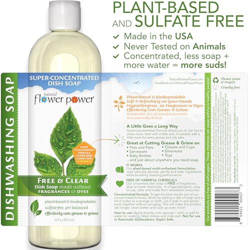 Image of Natural Flower Power Liquid Dish Soap - Free & Clear (Unscented) - Plant-Based & Scented w / Pure Essential Oils - Natural Dishwashing Detergent - Sulfate-Free Kitchen Soap - Vegan (16 Fl Oz 3 Pack)