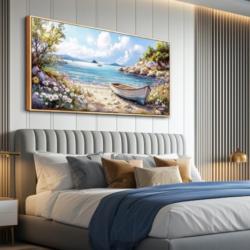 PHAOHUAXM Large Canvas Wall Art For Living Room Wall Decor For Bedroom Office Decor Print Marine Landscape Paintings Artwork Modern Stretched and Framed Beach Posters Home Decor 30"X60" Wood Framed