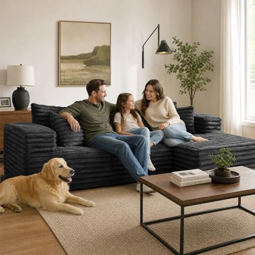 Image of 2 inch Corduroy Boneless Couches for Living Room, L Shape Sofa with Chaise | 102.4 inch Modular Sectional Sofa, Cloud Couch Sectional with Deep Seat, No Assembly, Black, Right Chaise