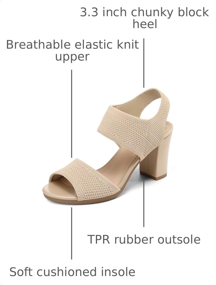 Image of mysoft Women's Chunky Block High Heels Slingback Open Toe Heeled Sandals | Casual Wide Width Fit, 3.3 Inch Heel, Elastic Knit Upper, Hook-And-Loop Atrap, Non-Slip Sole, Wedding Party Dress Shoes