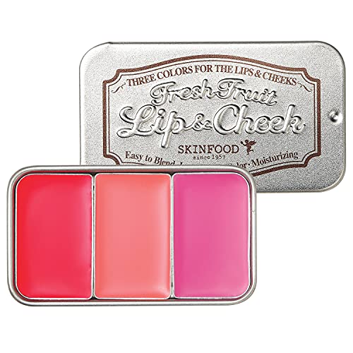 SKINFOOD Fresh Fruit Lip & Cheek Trio - 3-Color Lipstick and Blush Makeup - Korean Cosmetics for Skin, Face, Lips, and Cheeks - Beauty Products with Natural Fruit Extract and Oil - (#02 STRAWBERRY)