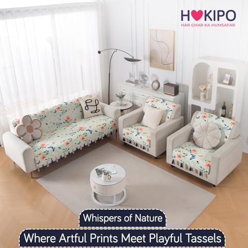 Image of HOKIPO 5 Seater Sofa Cover with Tassel in 3+1+1 Configuration | Full Protection for Seat and Back | Printed Holland Velvet | 'Whispers of Nature' | Pastel Butterfly Meadow (IN-1127+1125-D2*2)