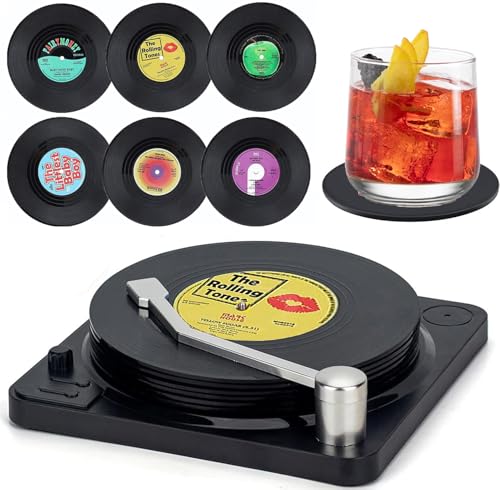Litensh 6 PCS Dessous de Verre en Vinyle Support Rétro CD Dessous sous Verres pour Café Forme de Disque Thé Bière Vin Bouteille de Vin avec Support Table Antidérapant Protection Motif M1 with Support