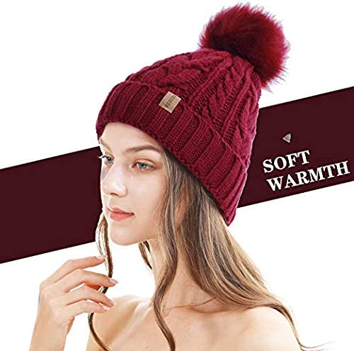 VKG Women's|Girl's Faux Fur Pom Pom Crochet Knitted Wool Skull Beanie Hat Cap (Red) 4