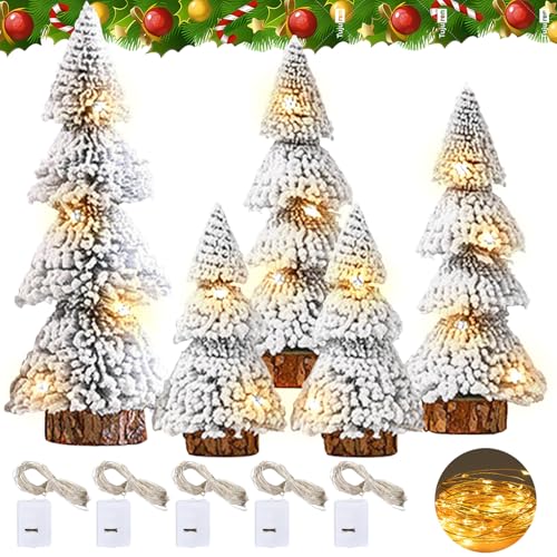 YOUYIKE Arbol de Navidad Pequeño, 15|20|25cm Mini Blanco Nevado Mesa árbol Navidad Pequeño con Luces, Arvore de Natal Base Madera para Decoración Mesa