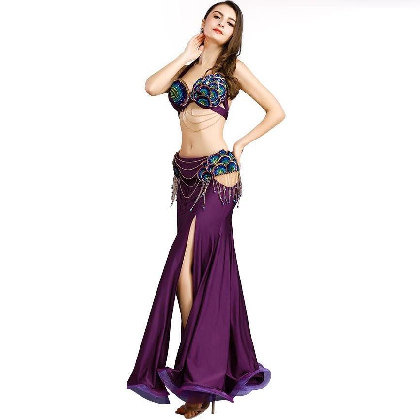JRUIA Falda Larga para Danza del Vientre Disfraces De Danza del Vientre para Mujer Faldas con Volantes para Festivales Rave para Adultos Trajes De Carnaval Conjunto De 3 Piezas,Púrpura,M