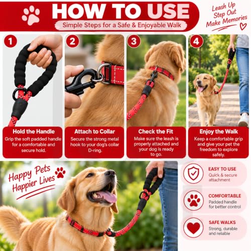 Image of PetVogue FT Nylon Rope Dog Leash, Heavy Duty Training & Walking Lead for Small, Medium & Large Dogs, Reflective Pet Walking Cord with Comfortable Padded Handle & Strong Metal Clip (Red)