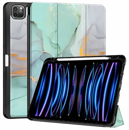 Image of ProElite Smart Case for Apple iPad Pro 11 inch 2022 /2021 4th /3rd Gen [Auto Sleep /Wake Cover] [Pencil Holder] [Soft Flexible Case] Recoil Series - Marble Green