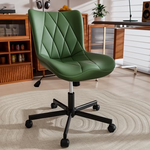 Image of Armless Desk Chair, Morden Home Office Chair no Arms, Adjustable Height & Rocking Computer Chair, PU Leather Vanity Chair, Ergonomic Seat Soft Padded Desk Chairs for Home Small Space, Green