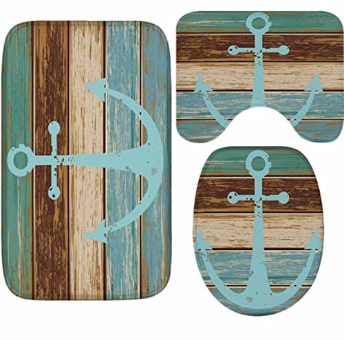 3 Teilig Badematte Set Grüner Anker 3D Badematten Set rutschfest, Badezimmerteppich,U-förmiger WC-Vorleger,WC…