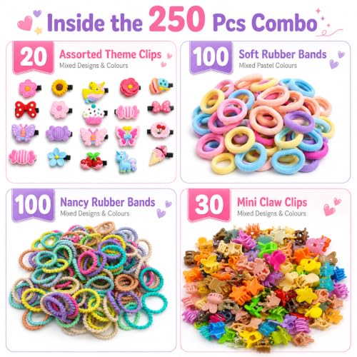 Image of 250 Pcs Hair Accessories for Kids Girls | Cute Baby Hair Clips, Theme Clips, Rubber Bands, Nancy Bands & Mini Claw Clips Combo | Hair Accessories for Baby Girl | Kids Hair Clips Set | Mixed Designs