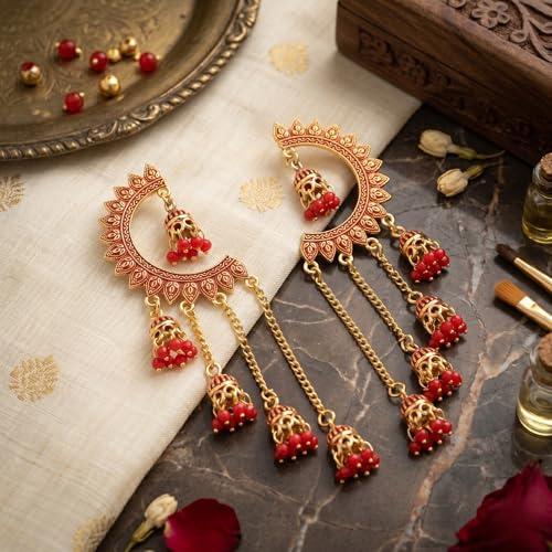 Image of WORLD CRAZE Multicolour long kashmiri jhumka for women chandbali earrings chand baliyan | kashmiri earrings for women | bahubali earrings stylish | Traditional Indian Festive Jewelry | Long Chain Tassels | Pearl Drop Latkan Jewellery (Multi colour)