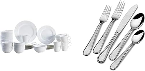 Mikasa Delray - Juego de vajilla de porcelana de hueso de 40 piezas + juego de cubiertos de acero inoxidable de 65 piezas Mikasa Bravo