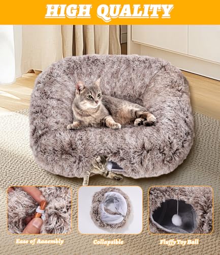 Vuxava XXL Katzentunnel Rechteckig Grau – Indoor Katzenspielzeug & Katzenhöhle mit weicher Liegefläche, 100×82 cm Bett & 180 cm Tunnel, 2 Eingänge, Waschbar & Abnehmbar