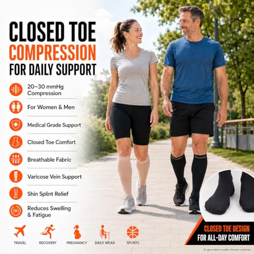Image of Doc Miller Closed Toe Compression Socks 20-30 mmHg for Women & Men | Medical Grade, Knee-High Support Hose, For Travel, Pregnancy, Post-Surgery Recovery, Sports, Shin Splints & Varicose Veins