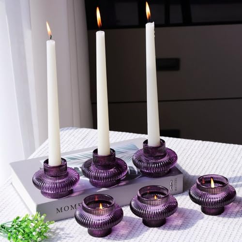VOHO Lot de 6 bougeoirs violets en verre nervuré pour centre de table, décorations de Noël/Halloween, bougeoirs polyvalents pour bougeoirs ou bougies...