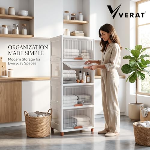 Image of VERAT 4 Tier Cupboard for Storage /Stackable Plastic Storage Cabinet /Foldable Wardrobe for Clothes /Multipurpose Storage Organizer /Closet for Bedroom /Living Room /Kitchen (Transparent & White)