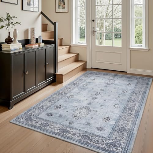 AMOAMI-Vintage Area Rug 4x6 Blue Rugs for Living Room-Soft Living Room Rug Non Slip Rugs for Bedroom Carpet Machine Washable Rug for Dining Room Bedside Office Room Decor Blue Boho 4' x 6' (