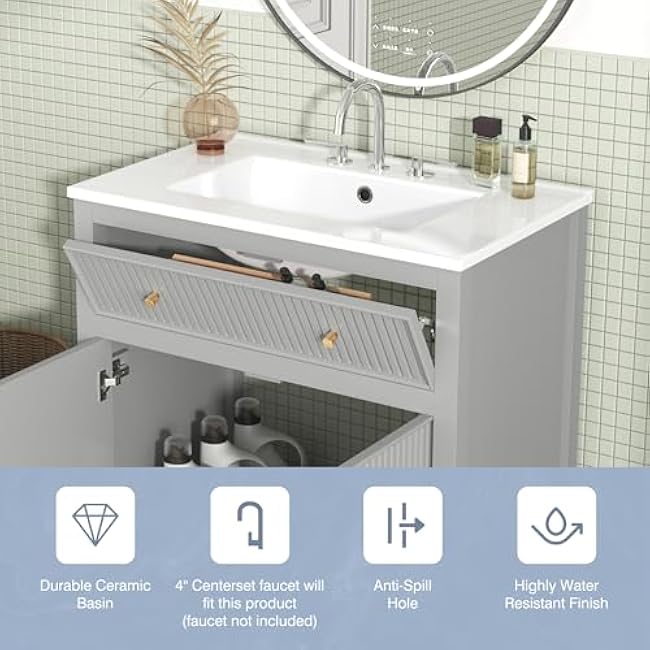 30 Inch Bathroom Vanity with Ceramic Sink Combo, Modern Simple Style Bathroom Cabinet with 1 Storage Cabinet and 1 Tip-Out Drawer, Freestanding Bathroom Storage Vanity, Grey
