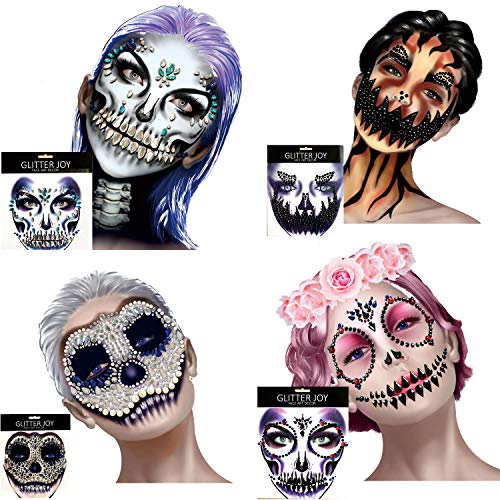 4 Pack Face Gems Jewels, Halloween Temporary Rhinestone Stickers, Day of The Dead Skull Face Tattoos, Crystals Body Gems Stick on Face for Carnival Festival, Party, Outfit, Performance (A)
