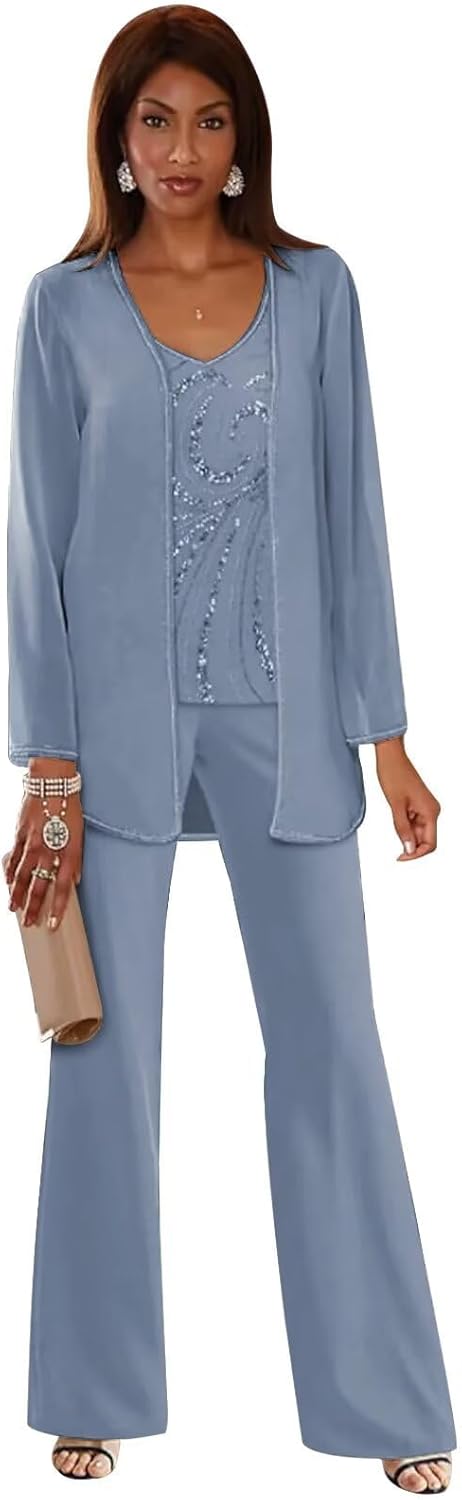 3 Pieces Chiffon Mother of the Bride Pant Suits for Wedding Sequin Wedding Guest Outfit for Women with Jacket
