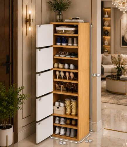 Image of 5-Door Engineered Wood Shoe Rack, 11-Tier Wooden Shoe Rack for Entryway, Shoe Storage Cabinet with Doors Adjustable Shelves, Wooden Shoes Rack Organizer - NEW (Mapple, 9 - Layer)