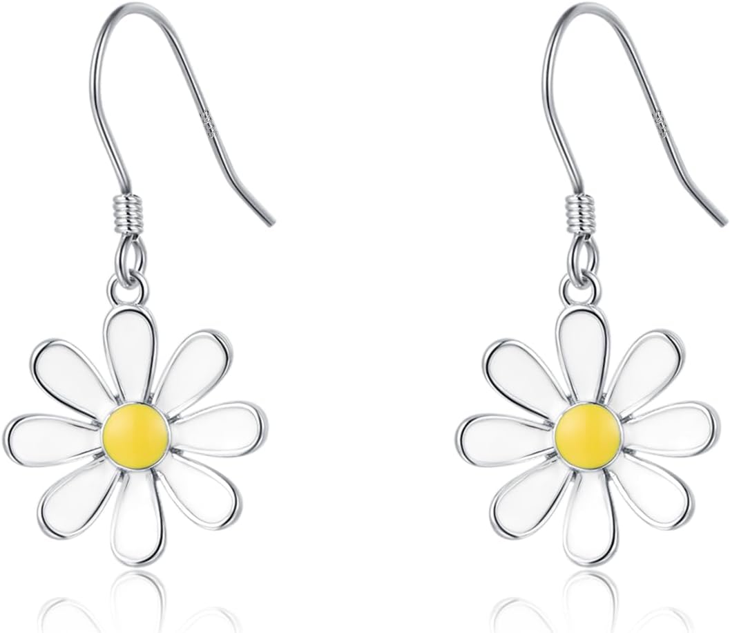 SLUYNZ 925 Sterling Silver White Flower Dangle Earrings for Women Teen Girls Daisy Flower Drop Earrings Summer Spring
