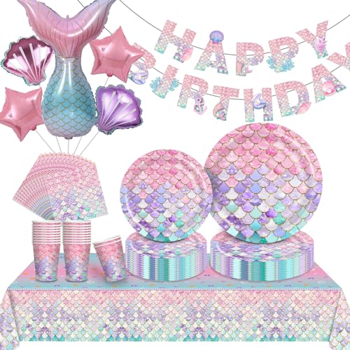 Conjunto de louça de festa de sereia, 94 peças, pratos de papel para festas de aniversário, canecas e guardanapos, toalha de aniversário, banners, balões, sereia, acessórios de decoração para meninas
