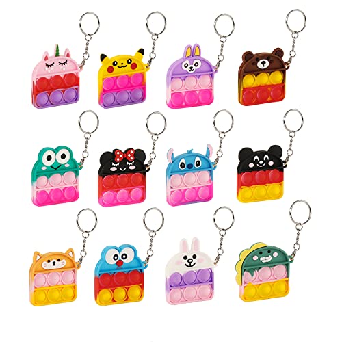 CXPHT 12 Pcs Mini Fidget Keychains,Small Pop Push Bubble Poppers,Mini Silicone Keychain Cartoon Cute Cool Keychains Gifts for Kids Adult