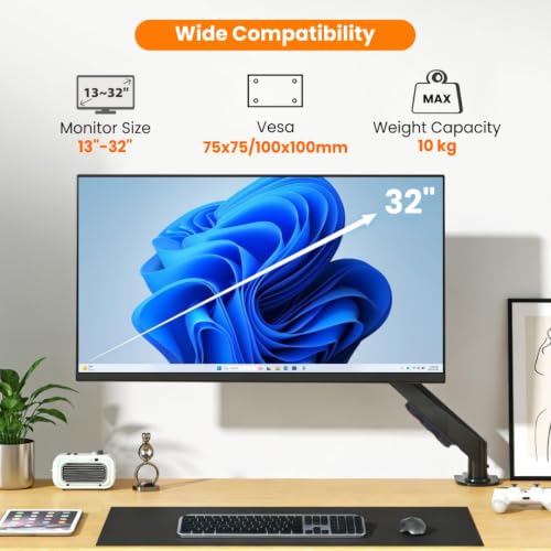 Image of Dyazo Monitor Arm Desk Mount for 13-32 inch Screens | Gas Spring Height Adjustable Monitor Stand | VESA 75x75 & 100x100mm | Motion Tilt, Swivel & 360 Rotation | C-Clamp & Grommet Base Supports Upto 10kg