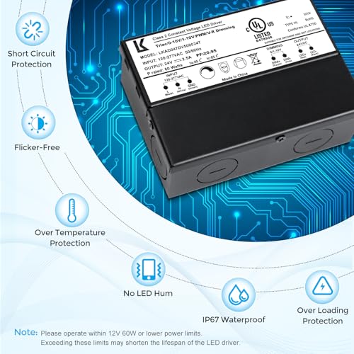Image of 24V 60W Dimmable LED Driver, 5-in-1 Triac /ELV /MLV /0-10V /1-10V /PWM /V-R Dimming AC to DC Power Supply, IP67 Waterproof LED Transformer, UL Listed, Compatible with Lutron & Leviton Dimmer