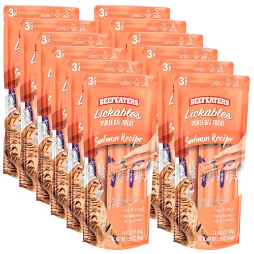 Beefeaters Cat Treats Salmon Recipe Lickable Puree 1.59oz (12-Pack) – Salmon, Grain-Free, Taurine-Enriched, Ideal for Training & Interactive Feeding