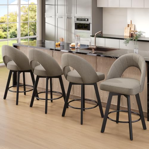 Image of YaFiti 24 inch Counter Height Swivel Bar Stools Set of 4, Oatmeal | Swivel Bar Stools with Ergonomic Curved Back, Fabric Upholstered Seat and Solid Wood Legs for Kitchen Island