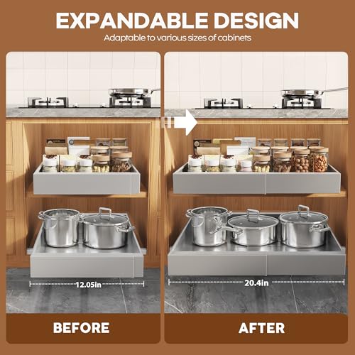 4Pack Expandable Pull Out Cabinet Organizer 21" Deep with Raising Pad for Framed Cabinets,Slide Out Drawers with 4pcs Divider Racks,Roll Out Shelves,Adjustable Width 12.05"-20.4" Silver