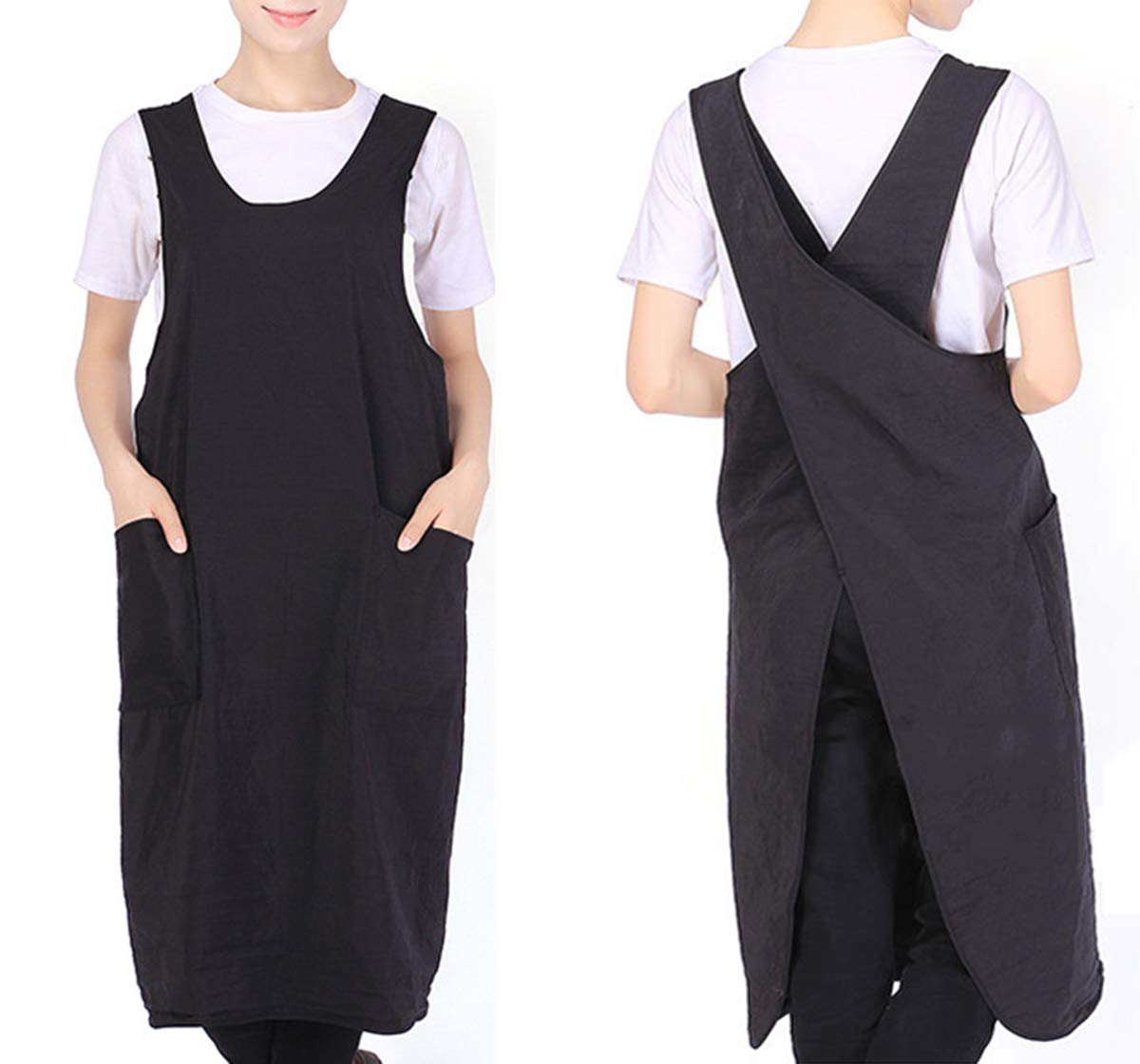 FMSBSC Women's Apron Baking Cooking Gardening Works Waterproof Cross Back Dress with 2 Pockets,Black